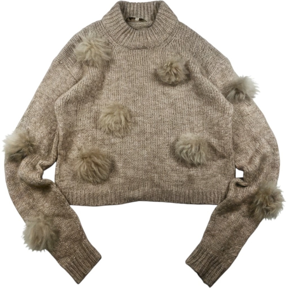 Tibi Fur Pom-Pom Sweater Tunic Dress Beige Tan Alpaca Size Small